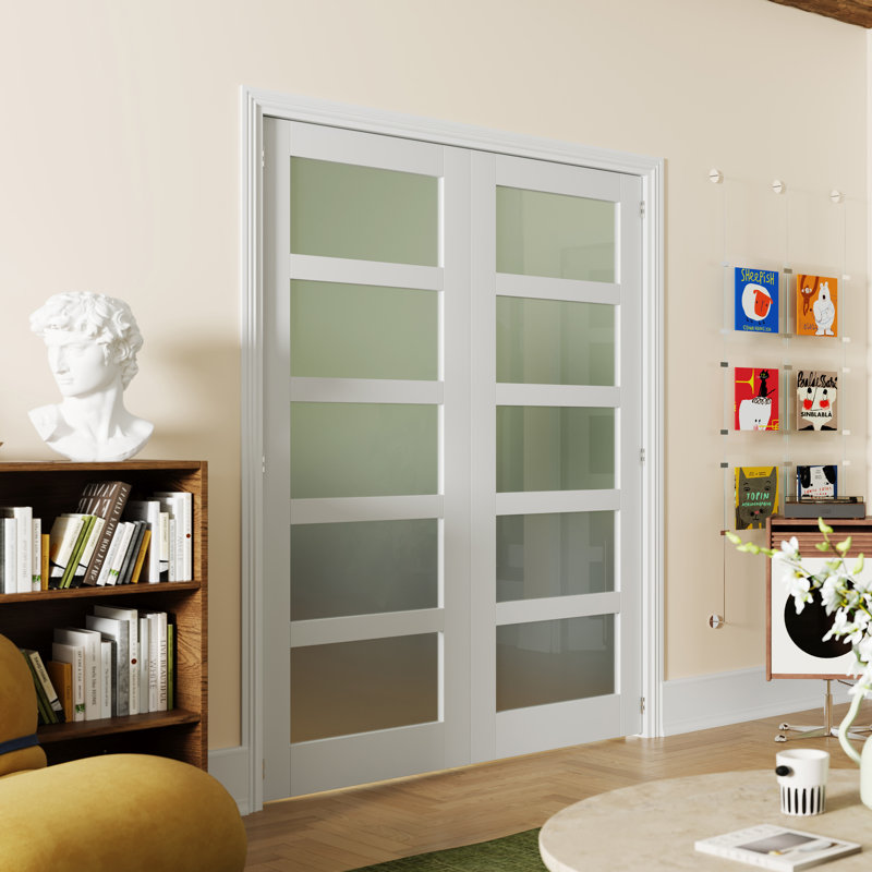 Ensemble de 5 portes intérieures doubles en verre givré 5 panneaux de fibres à densité moyenne avec cadre réglable et trousse de quincaillerie (porte et cadre livrés séparément)