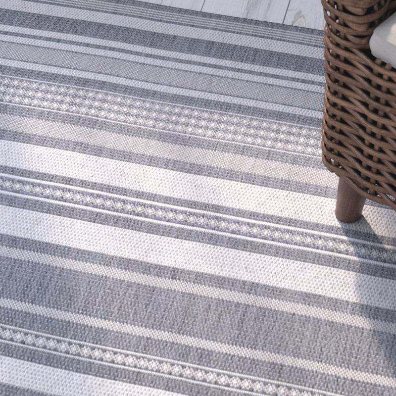 Sania Striped Champagne Grey Indoor Outdoor Area Rug, Rectangle 3'9" x 5'5"