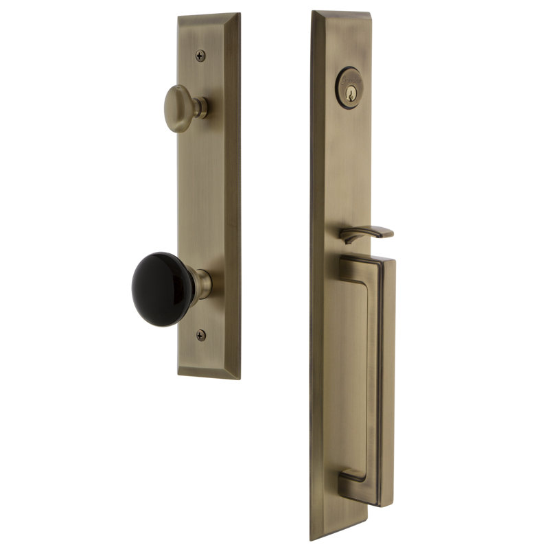 5th Avenue Handleset with Single Cylinder Deadbolt and Coventry Door Knob and Rosette, 2.375", Vintage Brass