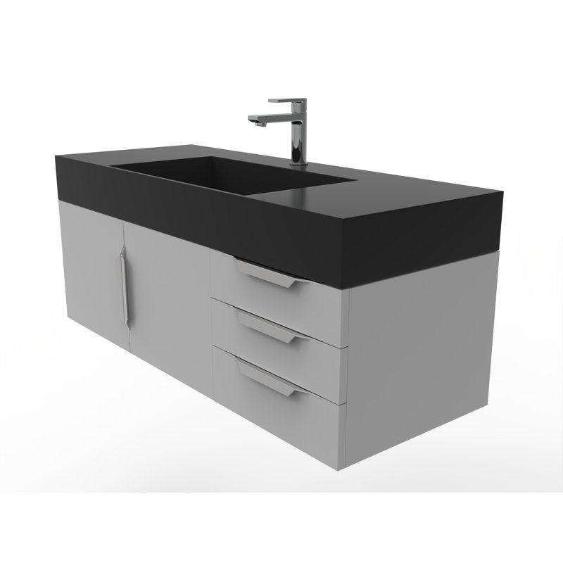 Meuble-lavabo mural simple 48 po avec comptoir à surface solide - base grise, plateau noir, poignées chromées, Noir, Gris