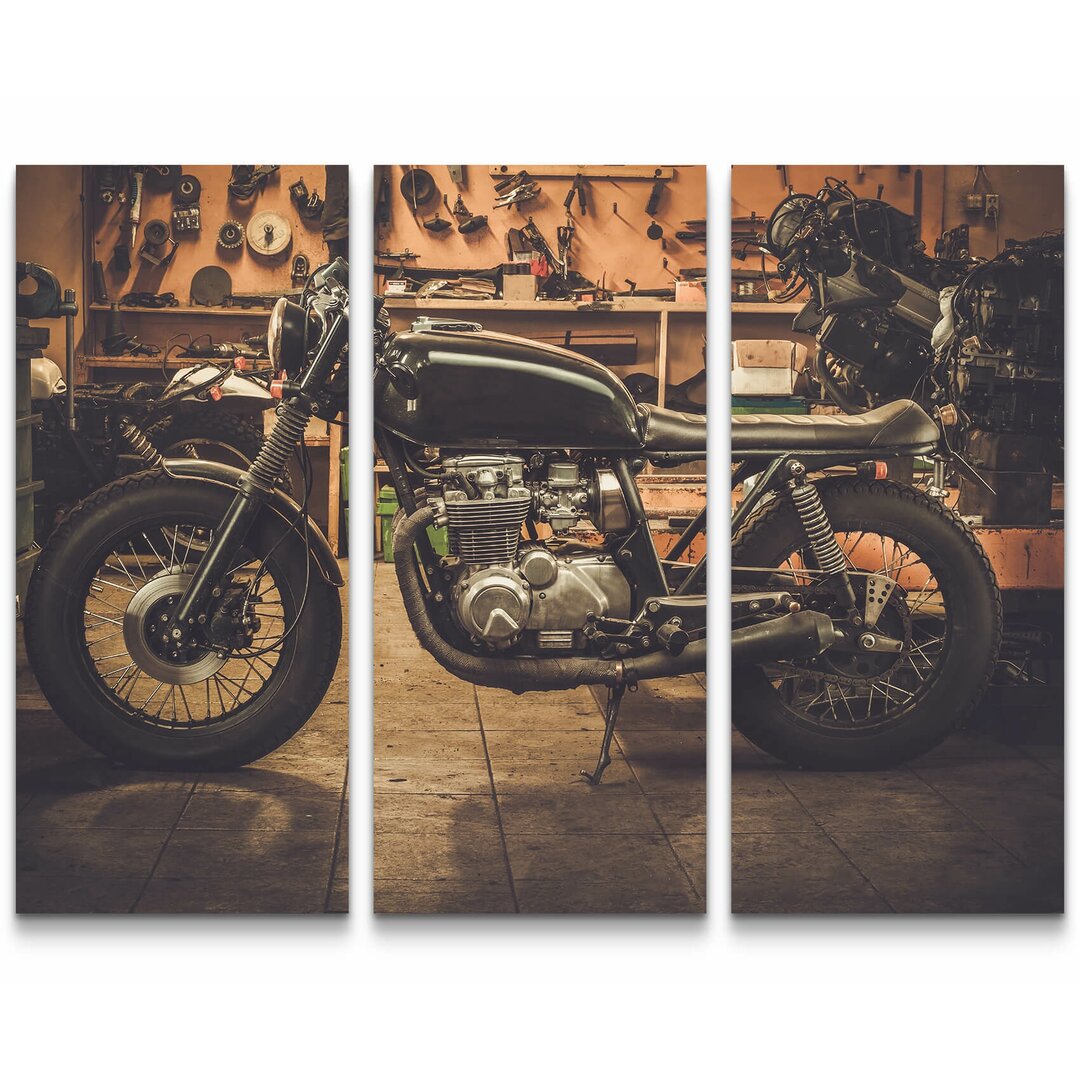 3-tlg. Leinwandbilder-Set Cafe Racer Motorrad in Garage