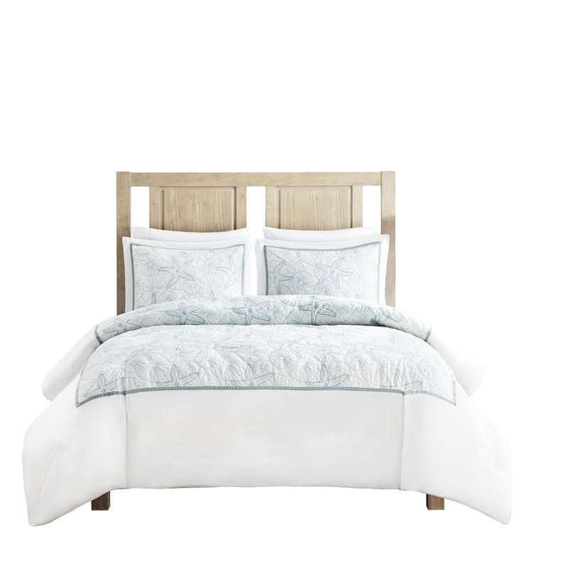 Housse de couette pour lit très foncé avec broderie Dark & Sand Dollar - 100% coton, fermeture à boutons, 2 taies décoratives, 4 attaches intérieures, style thématique et taie décorative