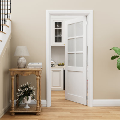 Interior 6‑Lite Frosted Glass Door, CARB P2 MDF Prehung Door with SGCC Certified Tempered Glass, with Jamb Kit, Seal Strip, Silver Hinges & Right Hand Inswing, Pre‑Finished & Easy DIY Stain, Pantry, Bedroom, Bathroom & Closet, 28"x 80"