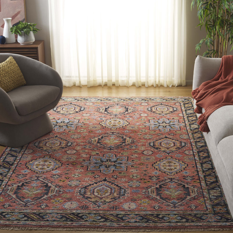 Hand Knotted Wool/Cotton Oriental Rug in Rust/Blue, Rectangle 6' x 9'
