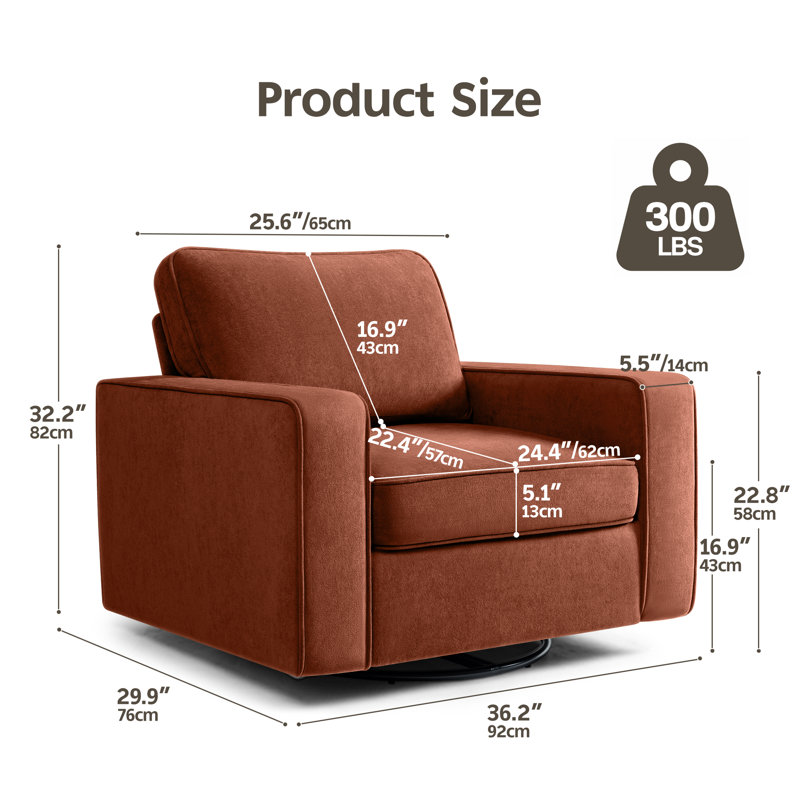36.2" Wide Upholstered Swivel Accent Armchair, Reddish Brown Fabric