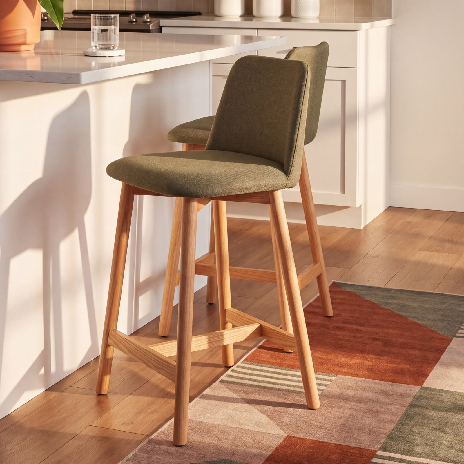 Chip Bar and Counter Stool, Toohey Olive Plainweave, White Oak, Bar Stool (31" Seat Height)
