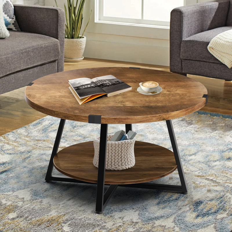 Jahaira Round Coffee Table with 2-Tier Storage Shelves, Rustic Oak