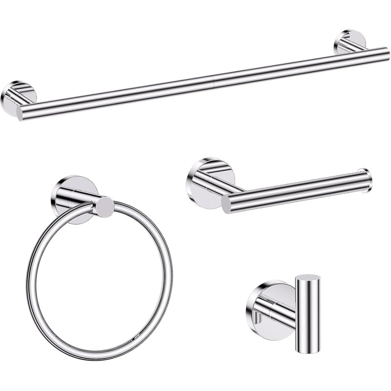 Ensemble de quincaillerie de salle de bain 4 pièces en chrome avec barre à serviettes, porte-papier hygiénique, anneau à serviette et crochet - Ensemble d'accessoires muraux en acier inoxydable