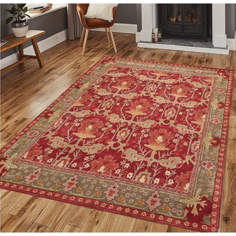 Tapis rouge / vert en laine touffeté à la main, Rectangulaire : 8 pi 9 po x 11 pi 9 po