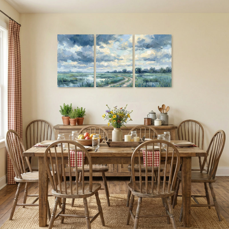 Plantes et fleurs, aquarelle, paysage, ciel, nuages, chemin, marais, herbe, ensemble de 3 impressions sur toile