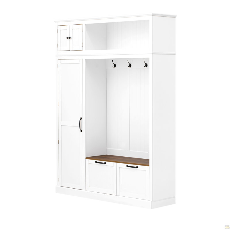 3-in-1 Hall Tree with Overhead Storage Cabinet, 3 Adjustable Side Shelves, 4 Heavy-Duty Hooks, 2 Spacious Drawers, Grooved Back Panel Design, Contrasting Seat Bench, Multifunctional Entryway Organizer