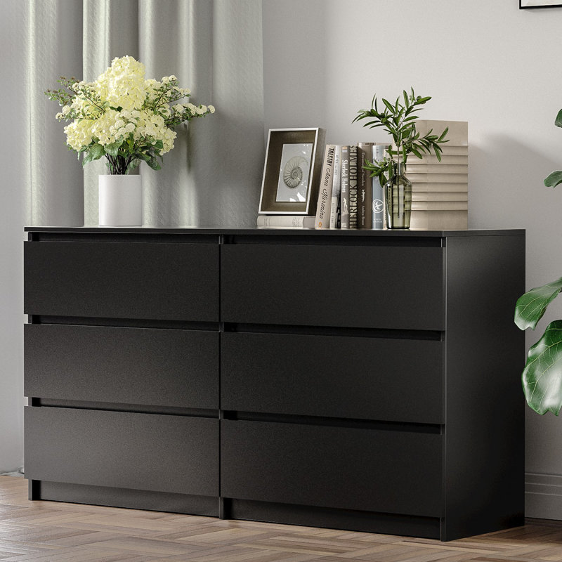 Parleen 52" W 6 Drawer Black Dresser - Wood Bedroom Dresser, Modern Double Dresser for Bedroom , Black