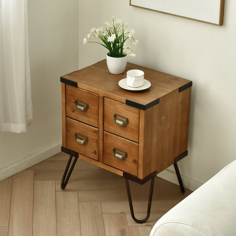 22.5" Tall Antique Style Storage End Table Side Table with 4 Drawers and Metal Hairpin Legs, Antique Walnut, Antique Walnut