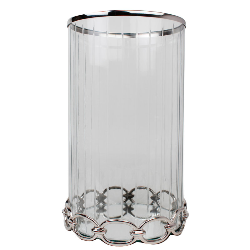 Vintage Candle Holder, Clear Glass Hurricane, 18 Inch Silver Accent Rim
