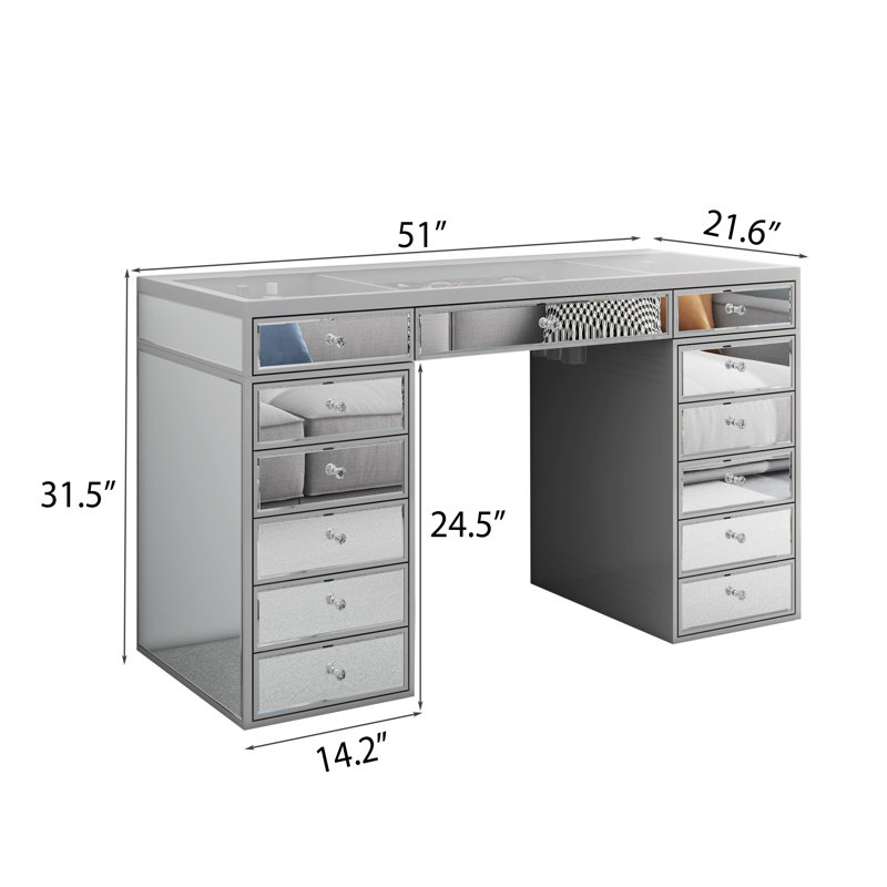 Meuble-lavabo à miroir 51 po avec 13 tiroirs style Hollywood, Argent argent