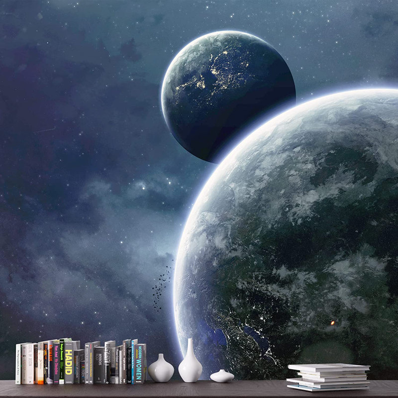 Planet In Outer Space Galaxy Border, 66" L x 96" W, Gray