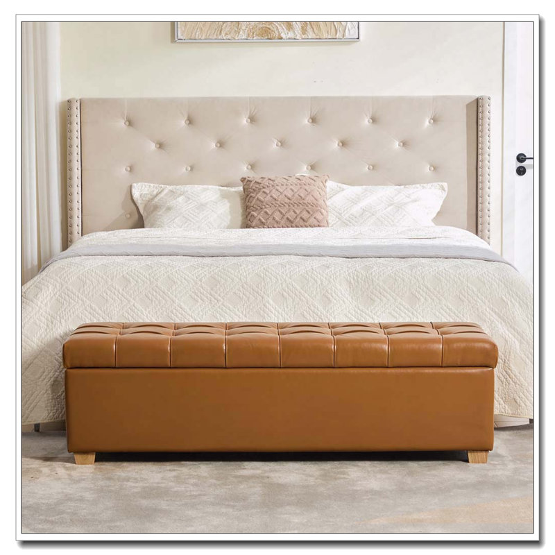 Banc de rangement rembourré en polyuréthane de 60,2 po de large avec repose-pieds capitonné avec repose-pieds, Brun