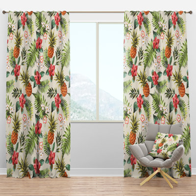 Vintage Pineapple with Tropical Flowers - Floral Curtain - Velvet Room darkening - 1 panel
