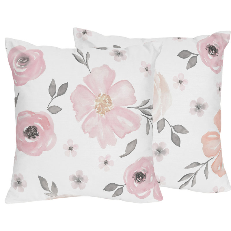 18" White and Pink Watercolor Floral Kids' Pillow Set