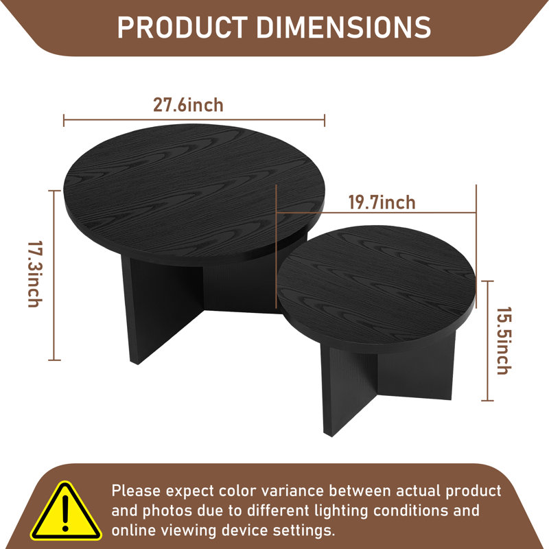 Ensemble de tables basses rondes de salon 2 pièces, tables gigognes Modern Farmhouse, Grain noir