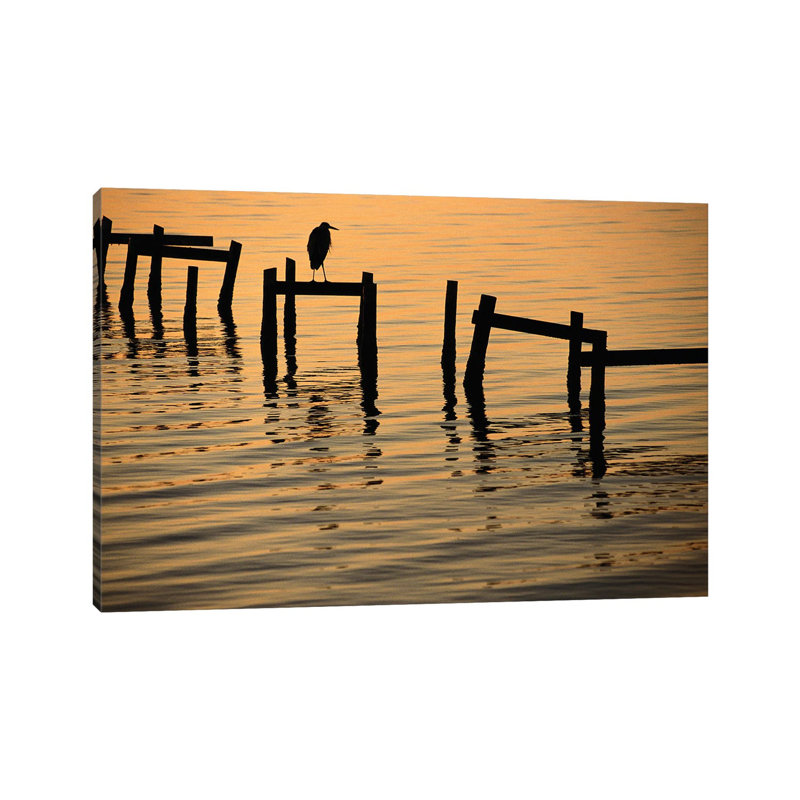 A Silhouetted Heron Perches On The Pilings Of An Old Dock by Joel Sartore - Gallery-Wrapped Canvas Giclée on Canvas, Canvas