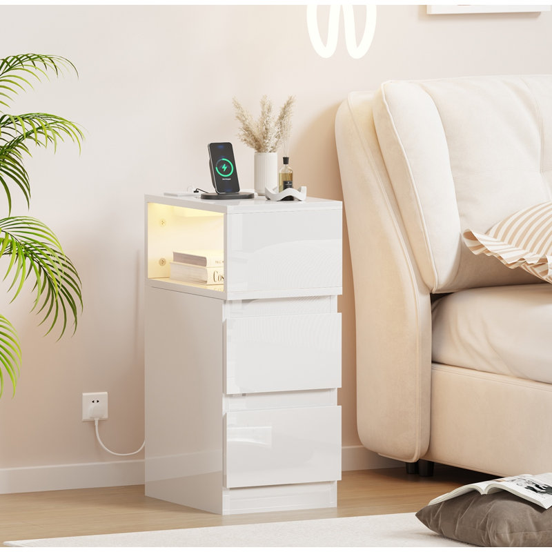 35 cm W Bedside Table, High gloss white 2 drawers