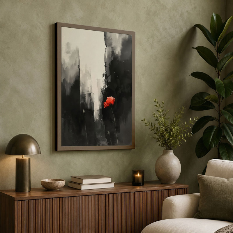 Red Bloom in Ruins Modern - Wrapped Canvas, 24x16 - 61.0 x 40.6 cm, Taupe Border