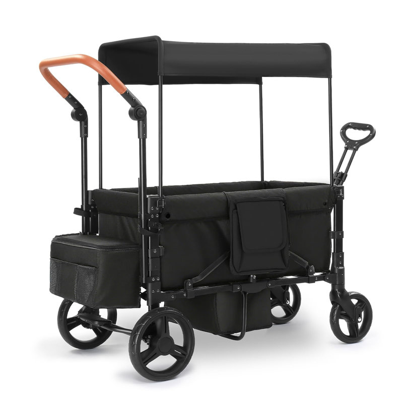 Wagon, poussette pour 2 enfants, chariot pliant à pousser et tirer 3 en 1 avec repose-pieds, Black