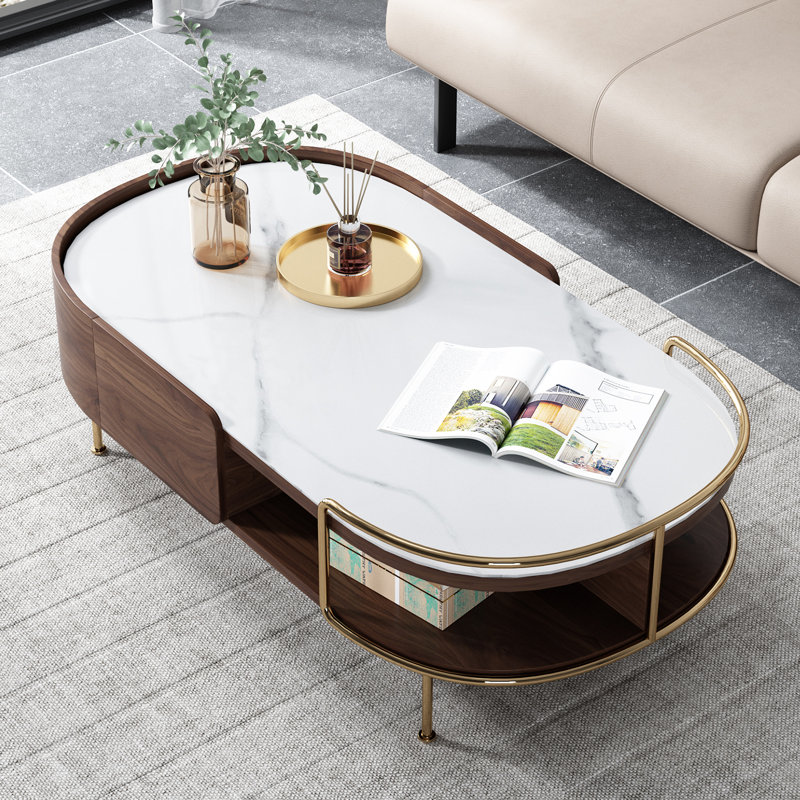 Table basse de haute qualité Rilei, plateau en verre et plateau en pierre frittée, assemblage simple, Plateau blanc / base or