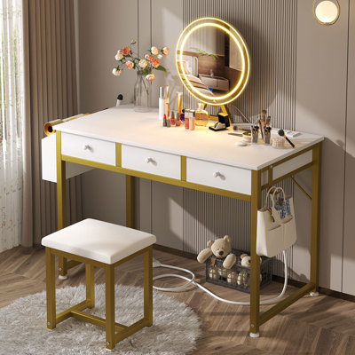 Makeup Table Vanity Set With Lighted Mirror & Bench by Ebern Designs