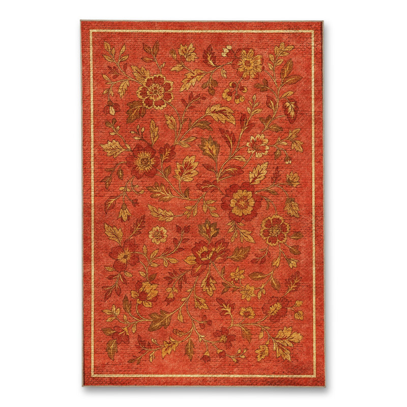Tapis beige tissé à motif floral lavable Mosso, 3'3" x 9'10"