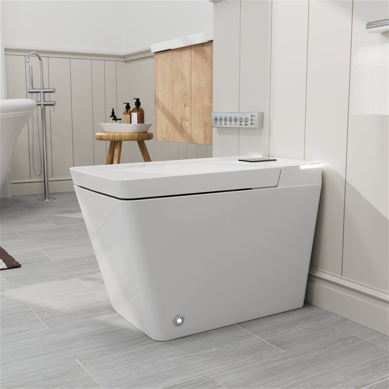 One-piece Floor Mounted Square Smart Toilet With Remote Control And Automatic Cover, White