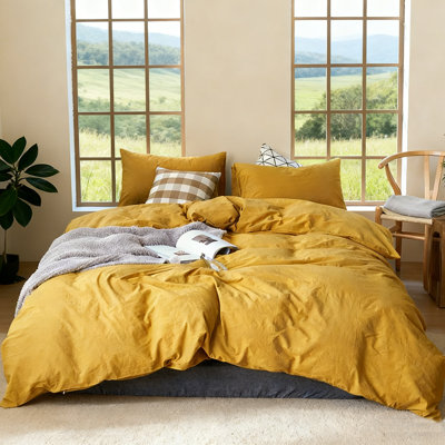 LIFETOWN Duvet Cover Set 100% Washed Cotton Linen Like Textured Breathable Durable Soft Comfy 3 Pieces Bedding Set with Zipper Closure