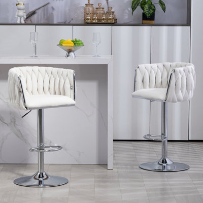 Ensemble de 2 tabourets de bar pivotants à 360 ° en tissu, chaises de bar réglables à hauteur de comptoir avec dossier tissé et repose-pieds, tabourets de bar chromés argentés pour îlot de cuisine, café, pub