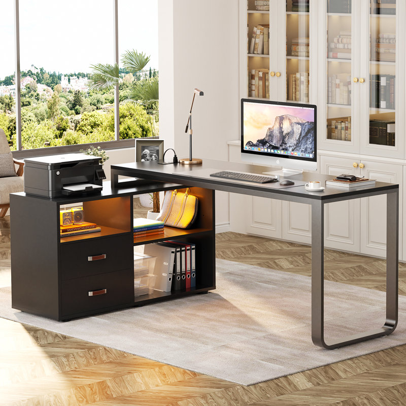  Bureau d'ordinateur en forme de L de 157 cm avec tiroir à dossiers suspendus et éclairage DEL, Noir