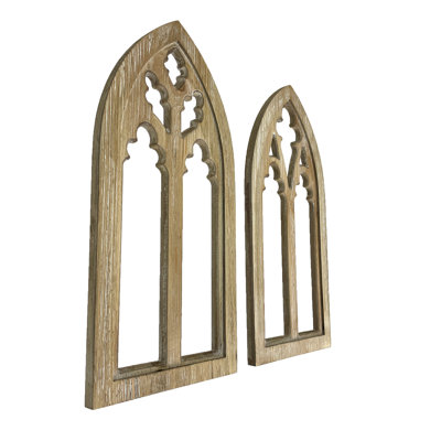 Ensemble de 2 sculptures murales gothiques en bois blanchi à la chaux - H 15,75 po x L 7,5 po x l 0,25 po