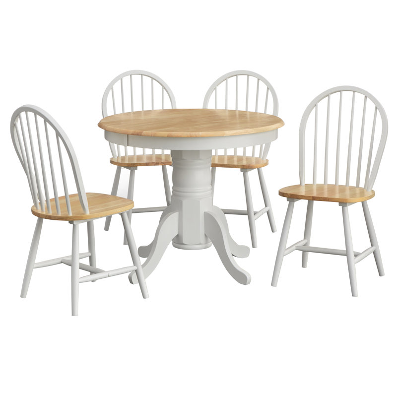 Sara Solid Wood Dining Set, 5 Pieces: Table, 4 Chairs, Natural/White, Natural/White