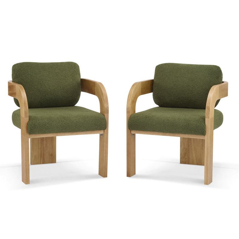 Ensemble de 2 chaises de salle à manger avec dossier coussiné, tissu bouclé vert, structure en bois massif de couleur naturelle