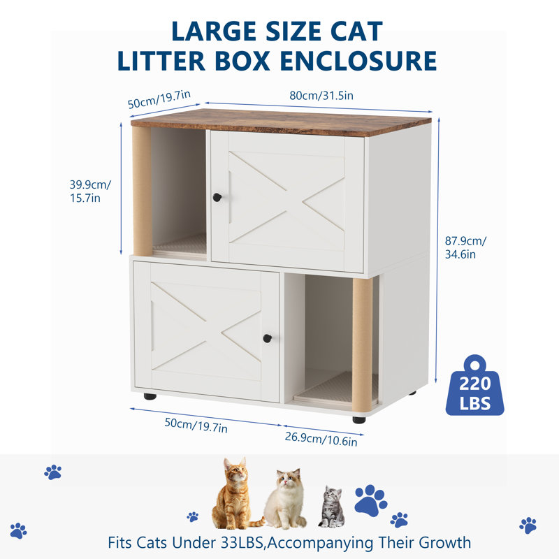 Double Cat Litter Box Cabinet, Hidden Enclosure with Sisal Posts & Mat, x-White