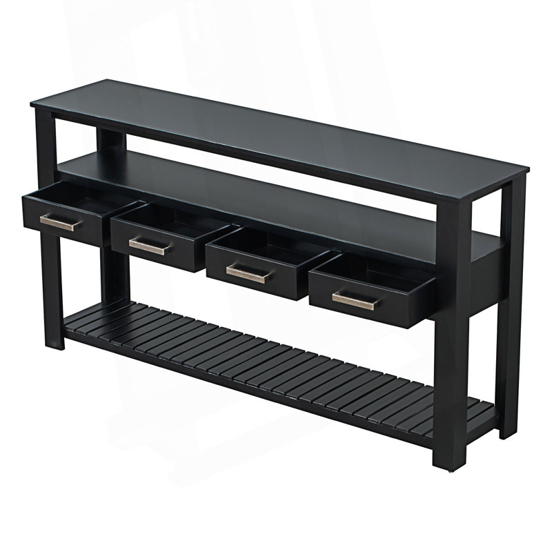 Console moderne, canapé avec 4 tiroirs et 2 tablettes, derrière le canapé