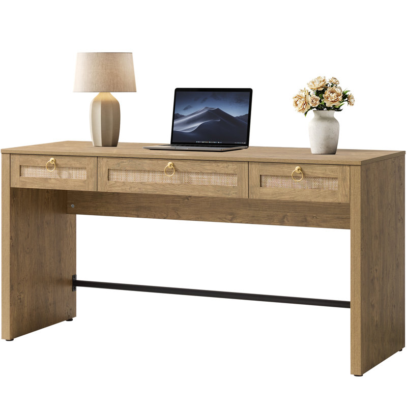 Pomodoro Boho Rattan 3-Drawer Storage Desk, Carbon Cherry, 1 Piece