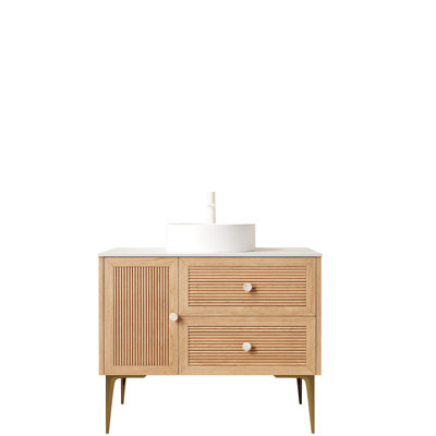 Meuble-lavabo de salle de bain avec lavabo MUNIN, armoire de rangement autoportante en contreplaqué avec 4 pieds en métal, porte et 2 tiroirs, lavabo en céramique blanc sans robinet, pré-assemblé, couleur grain de bois de chêne