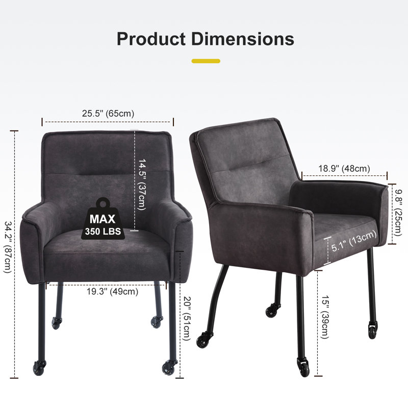 Anya 25.5" Wide Upholstered Armchair with Casters for Dining or Home Office, Gray