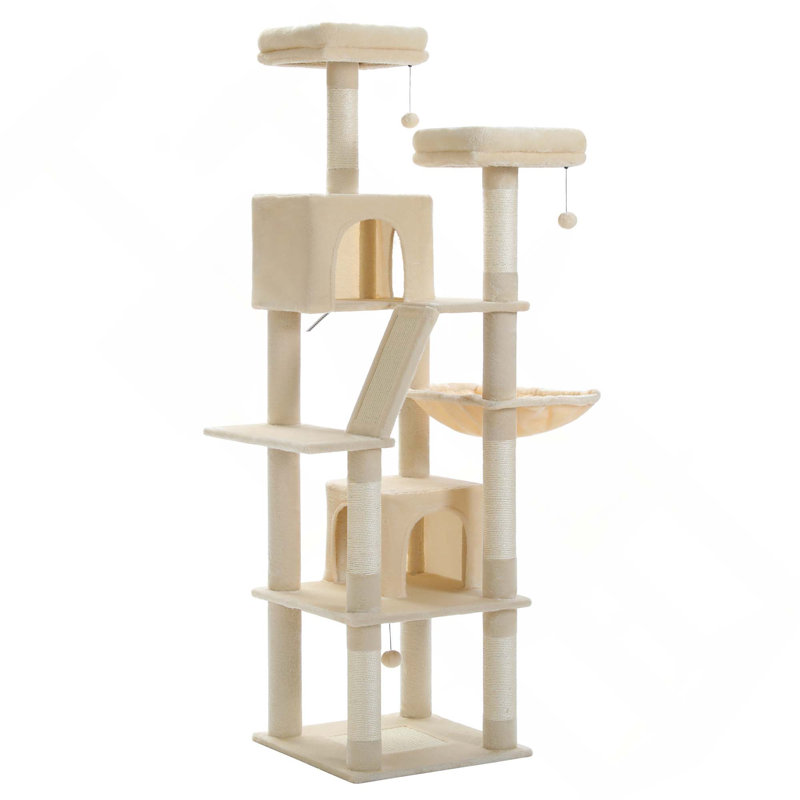 Grattoir d'intérieur multi-niveaux avec 2 perchoirs, 2 condos, hamac et 2 pompons, Beige