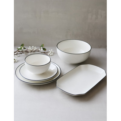 "The Minimalist Collection" White with Black Trim - Five Piece Dinnerware Set