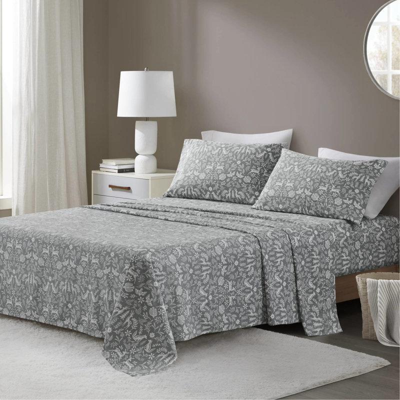 Drap-housse complet en 4 pièces avec imprimé Faune d'hiver sauge, 100% flanelle de coton, dimensions luxueuses convenant aux matelas de 18 po, douceur du tissu supérieur brossé, bonne couverture ajustée élastiquée,