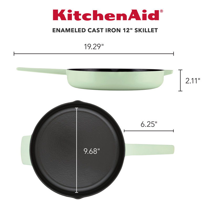 KitchenAid Enameled Cast Iron Induction Skillet with Helper Handle and Pour Spouts, 12 Inch, Green