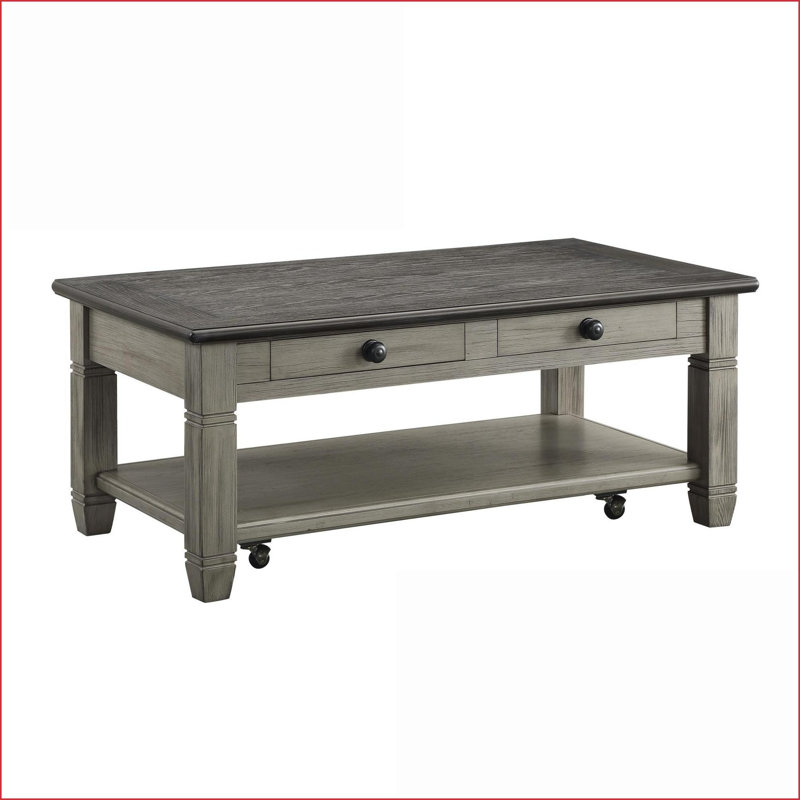 Table basse en bois gris et antique pour le salon, 2 tiroirs + tablette, facile à déplacer avec roulettes