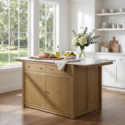 Martel 67-Inch Long Modern Rustic Kitchen Island with Seating Overhang, Marble-Look Top, 2 Drawers  Storage Cabinet for Kitchen  Dining Room