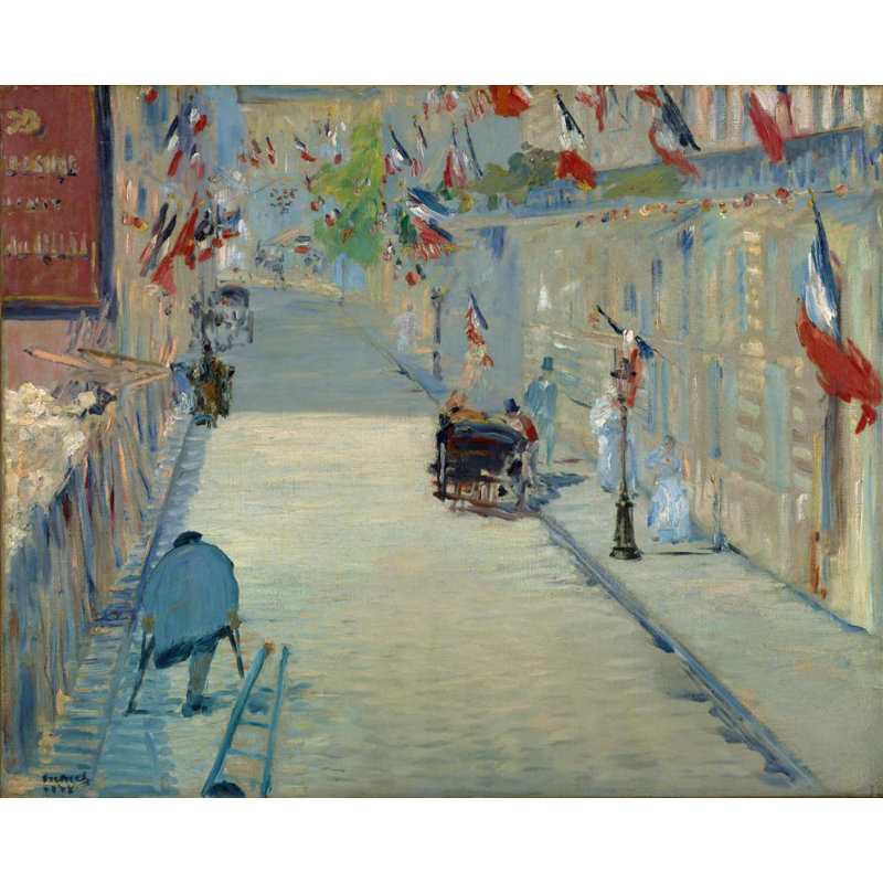 "La rue Mosnier avec drapeaux" par Édouard Manet - Toile tendue avec châssis, H 24 po x l 17 po